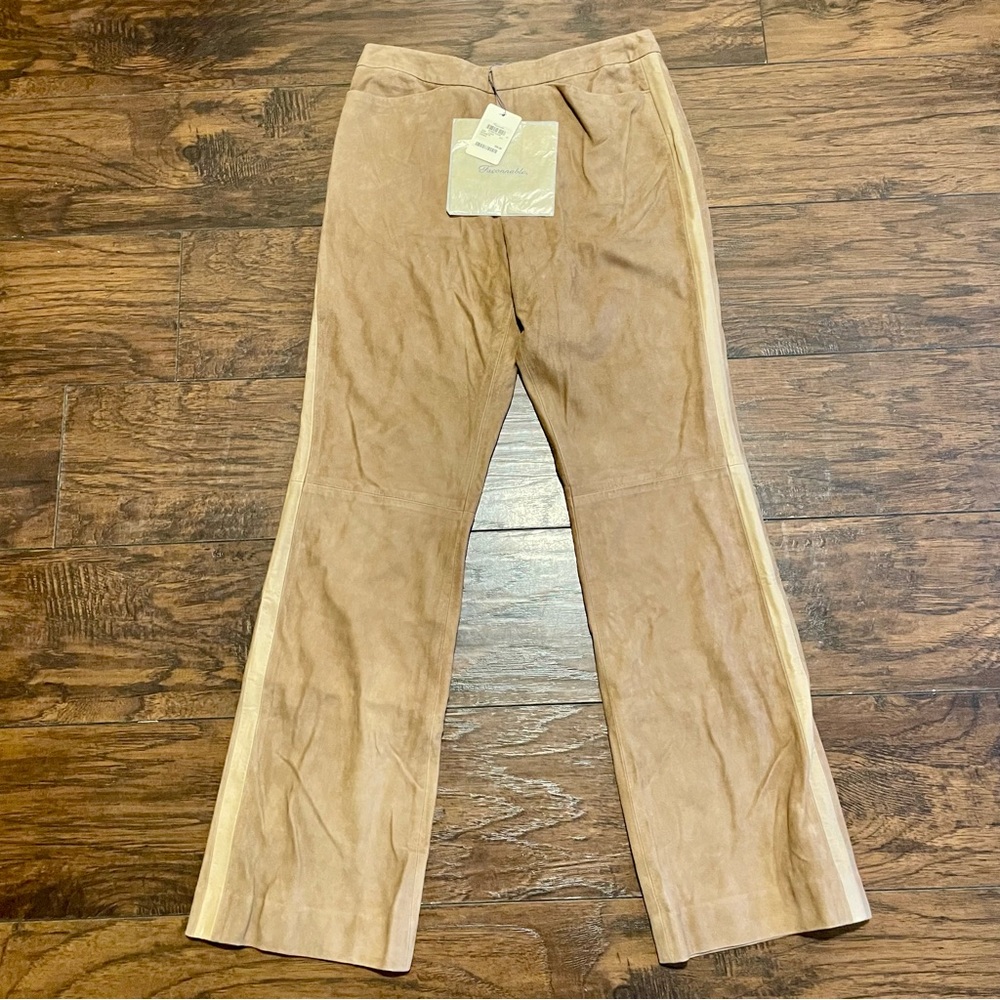 Faconnable Suede Boot Cut Pants in Camel with Cream Side Stripe